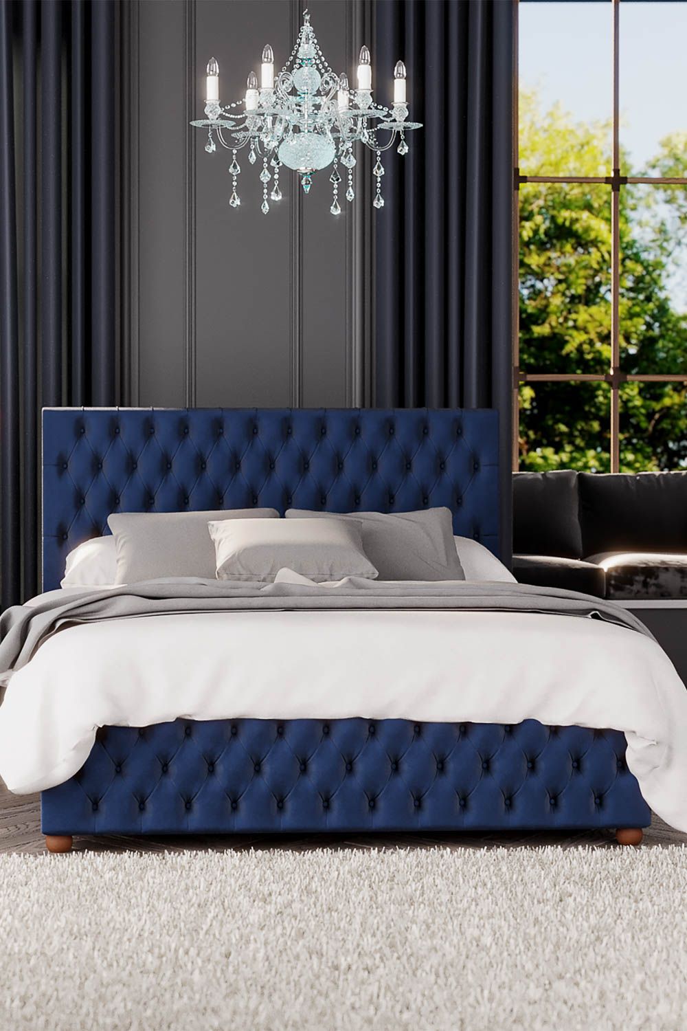 Laurence Llewelyn-Bowen Seren Ottoman Storage Bed in Plush Velvet Fabric, Custom Made in Navy