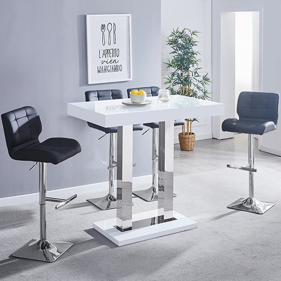 Caprice White Gloss Bar Table With 4 Candid Black Bar Stools