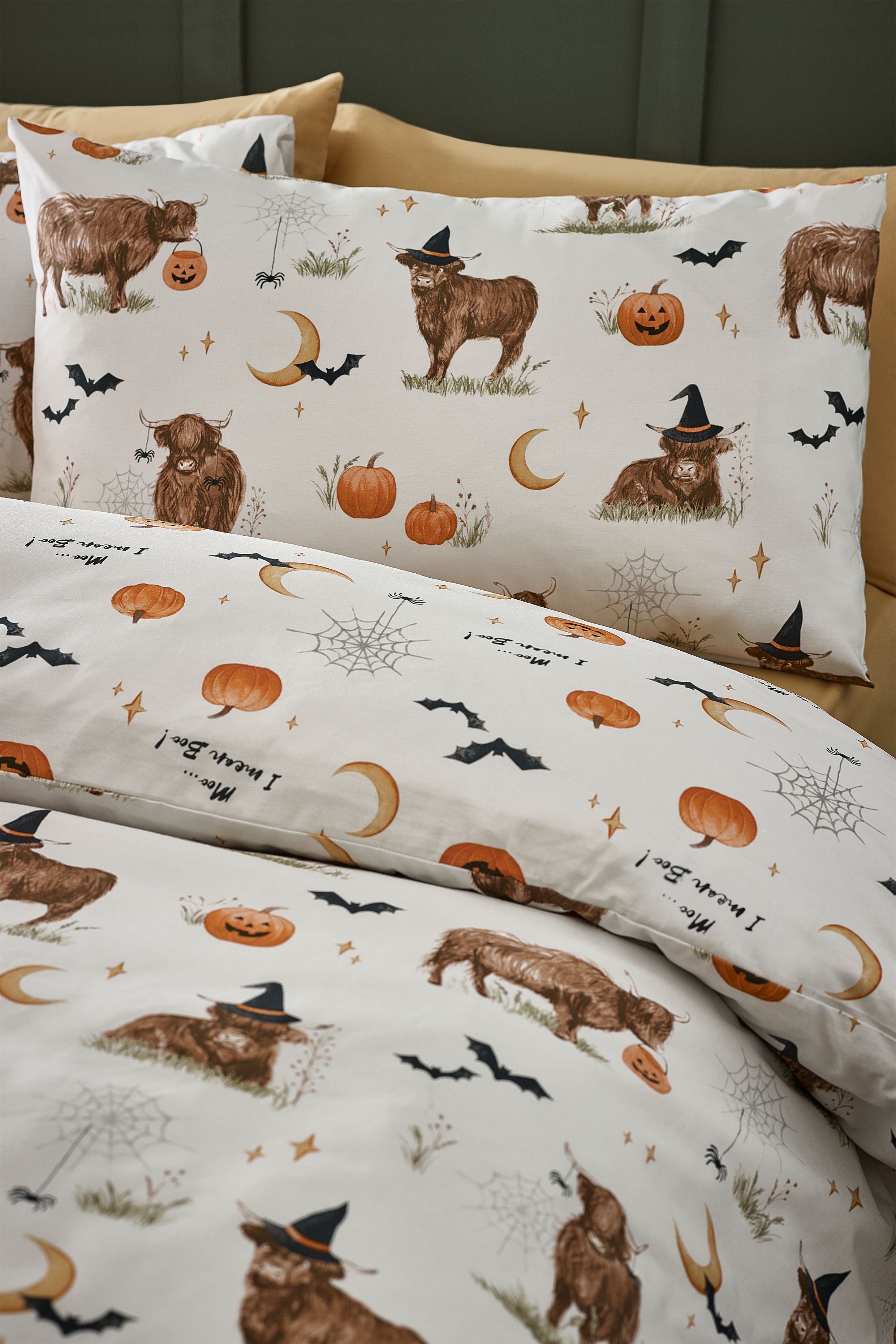 Catherine Lansfield 'Halloween Highland Cow' Reversible Duvet Cover Set in Natural 3
