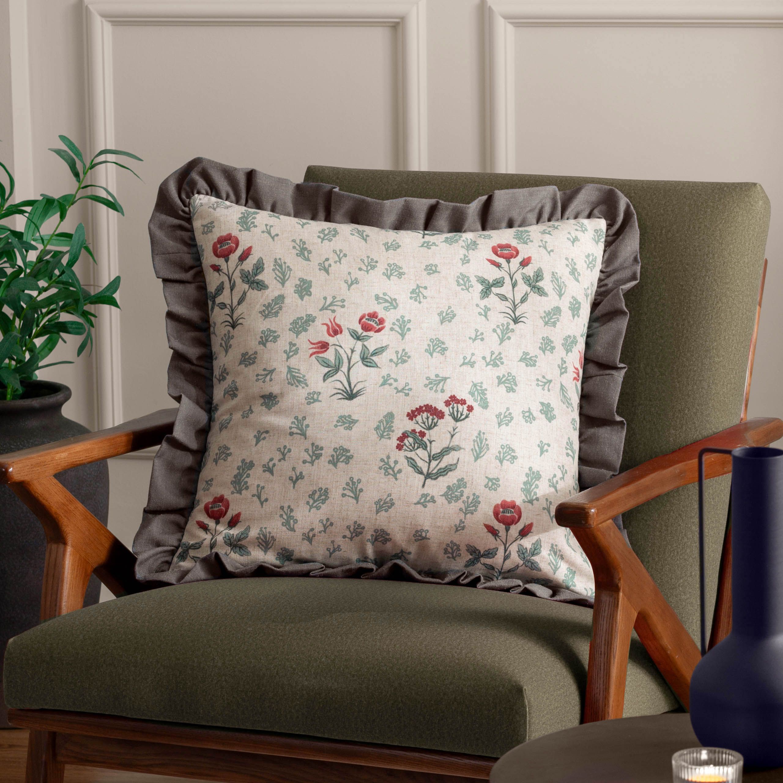 Paoletti Linen Renata Floral Printed Ruffle Cushion