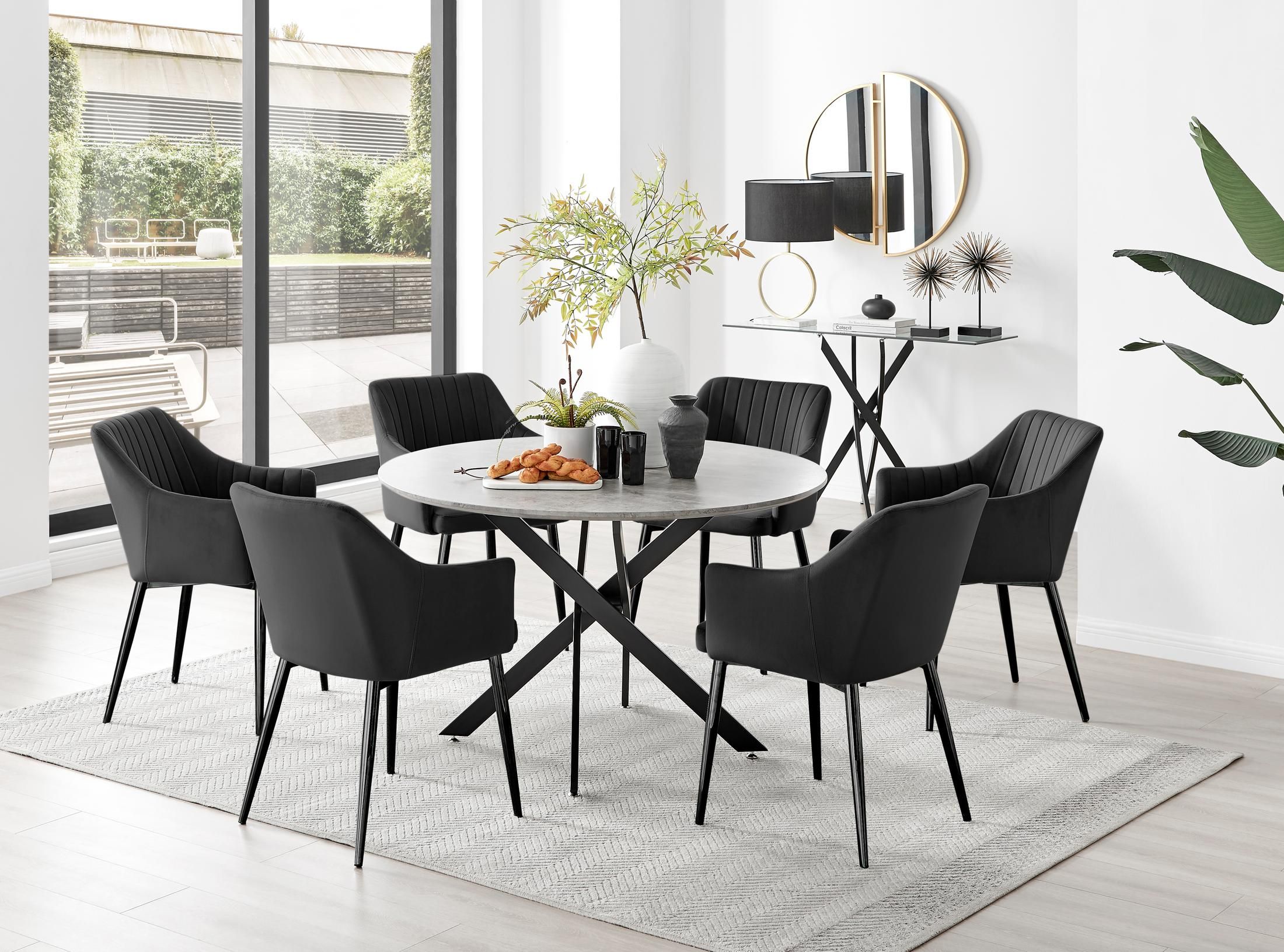 FurnitureboxUK Novara Grey Concrete Effect Black Leg 120cm Round Dining Table & 6 Calla Black Leg Chairs