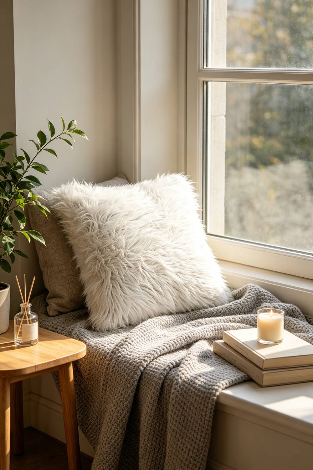 ExtraStar White Faux Fur Throw Pillow, Square Fluffy Plush Decorative Cushion