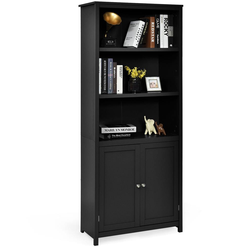 Costway Wooden Tall Bookcase 3-Tier Shelving Storage Cabinet 2 Doors Display Organizer in Black