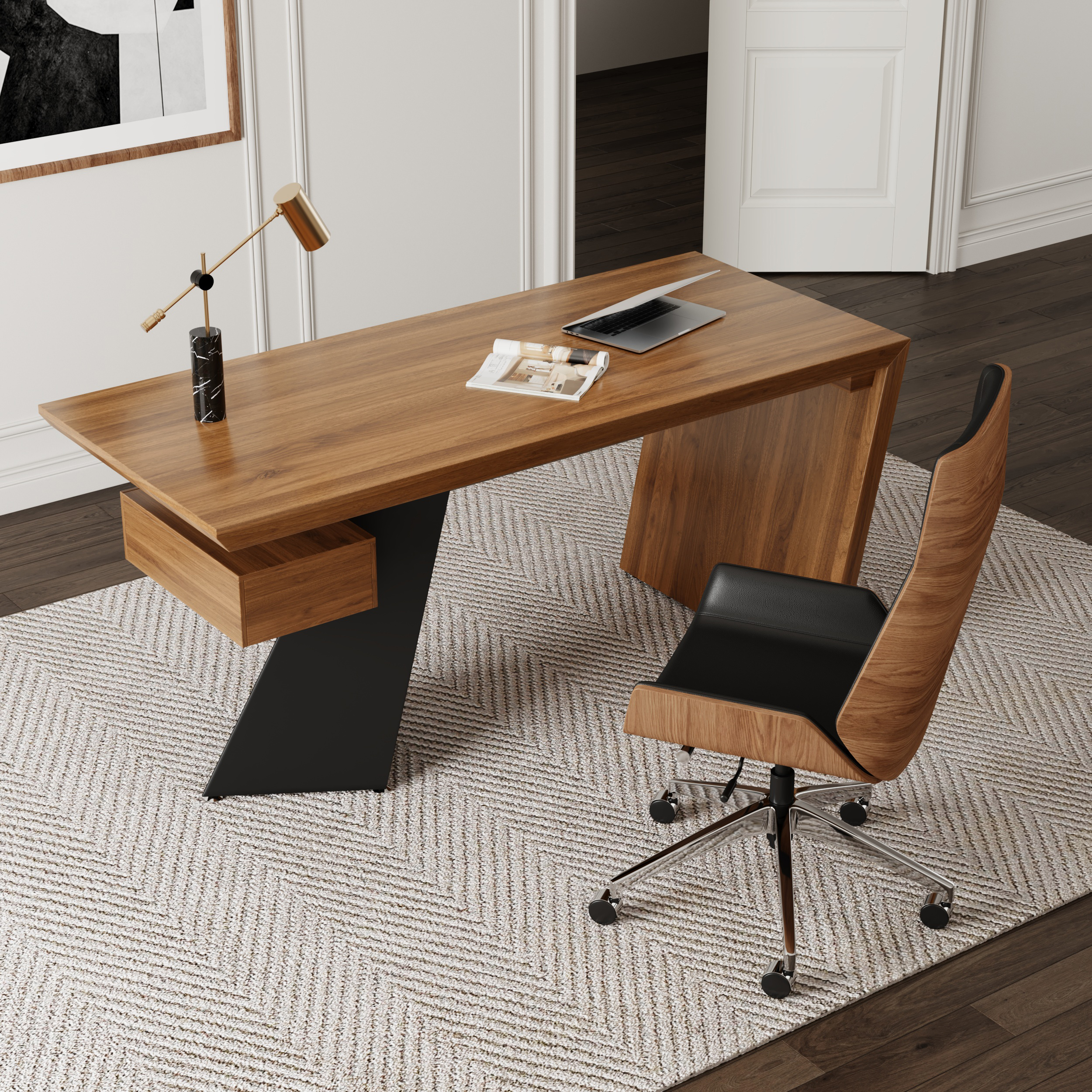 Set Industrial Distressed Wood Writing Desk Black Faux Leather Office Chair (70.9")