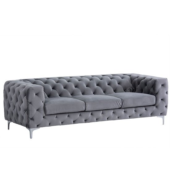 Regina Chesterfield 3 Seater Sofa In Grey Fabric And Chrome Feet