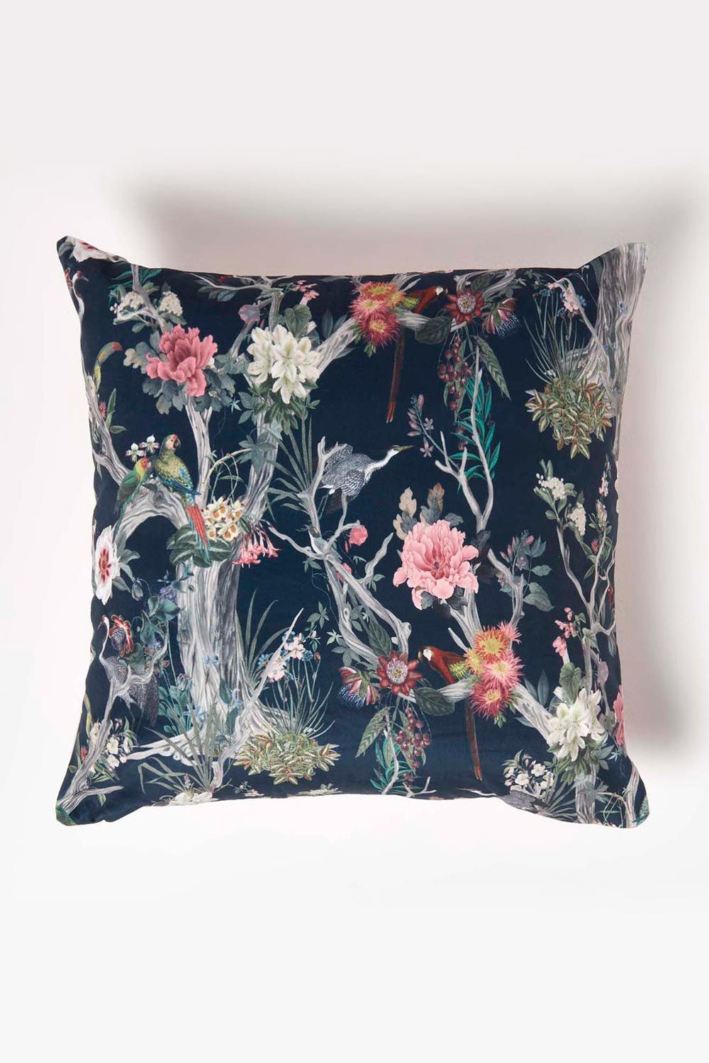 Homescapes Floral Garden Parrot Filled Velvet Cushion 46 x 46 cm in Navy