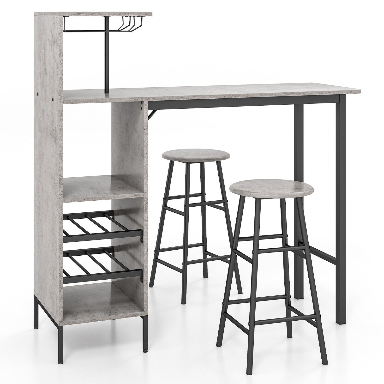 Costway 3PCS Bar Table & 2 Stool Industrial Kitchen Dining Set W/ Wine Rack Glass Holder in Grey