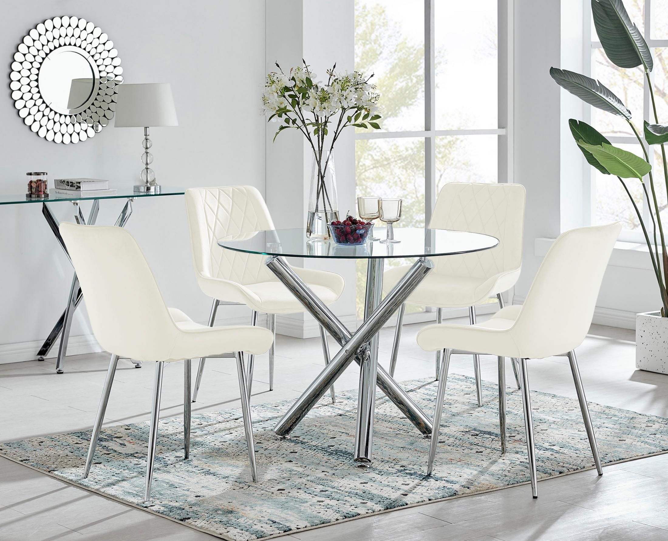 FurnitureboxUK Selina Round Glass Chrome Leg Dining Table & Pesaro Silver Leg Chairs in Cream