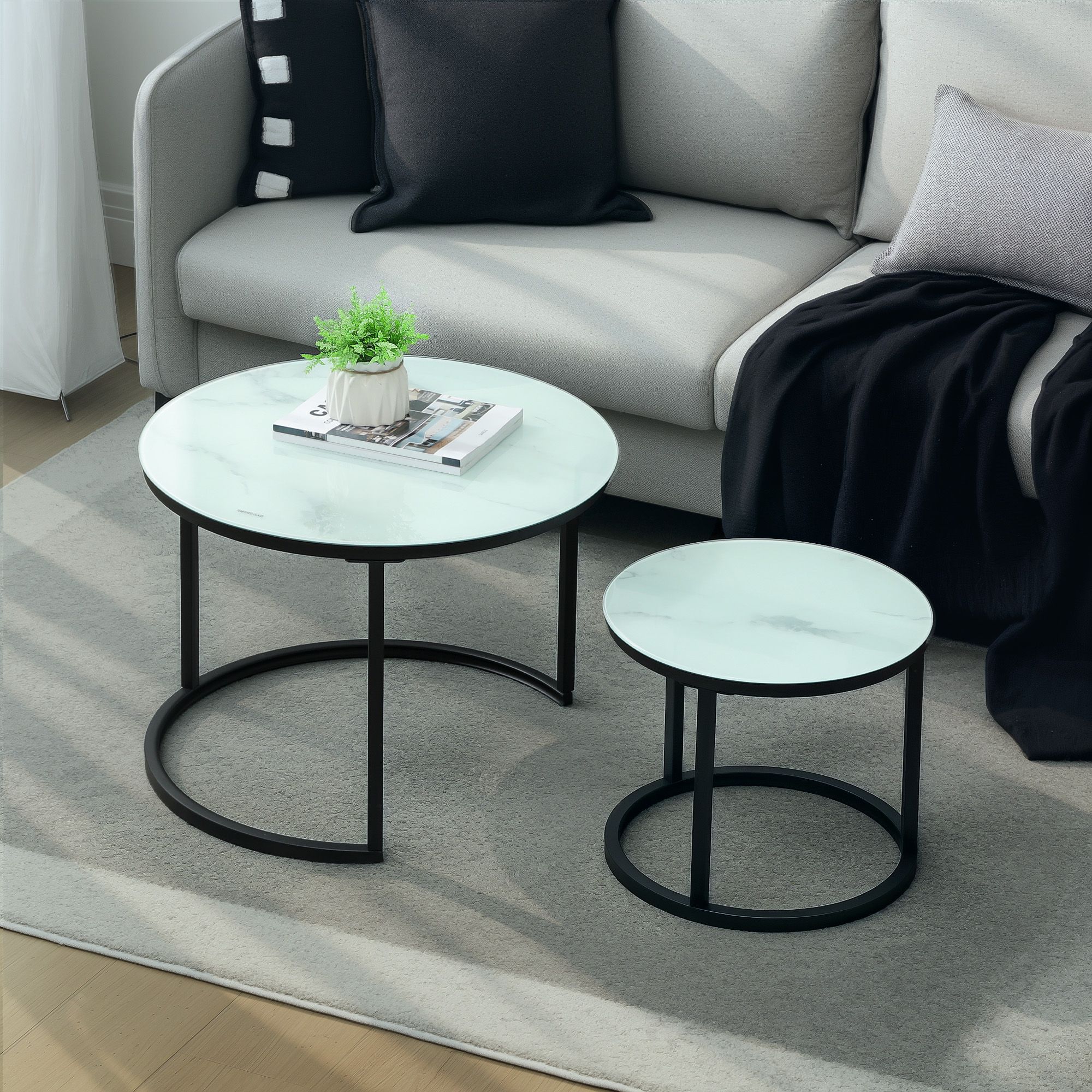 HOMCOM Glass Coffee Table Set of 2, Round Nest of Tables, White