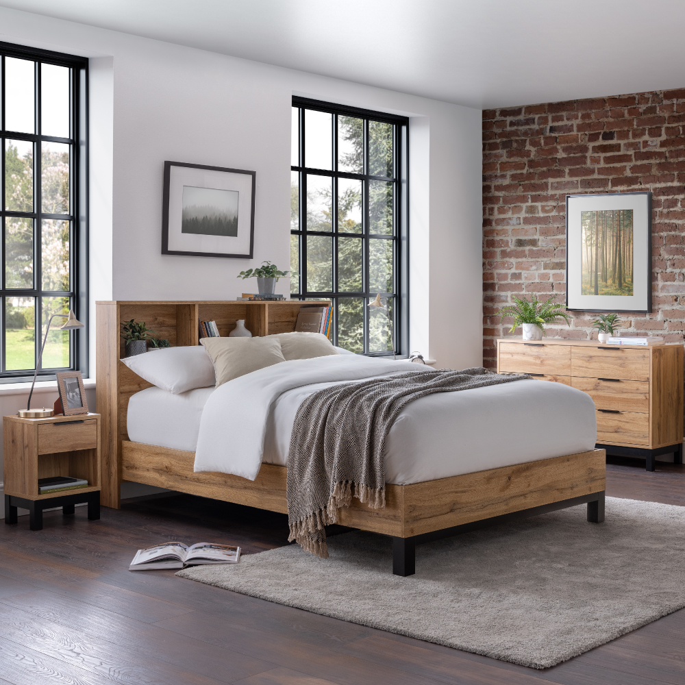 Bali - King Size - Bookcase Storage Bed - Oak - Wooden - 5ft - Happy Beds