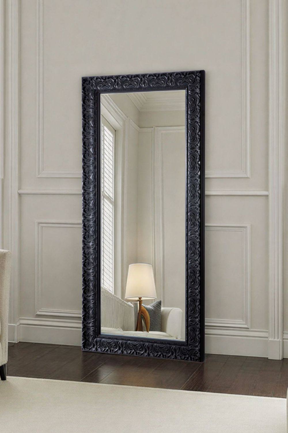 Yearn Mirrors Carved Framed Bevelled Tall Mirror Black 138x62cm