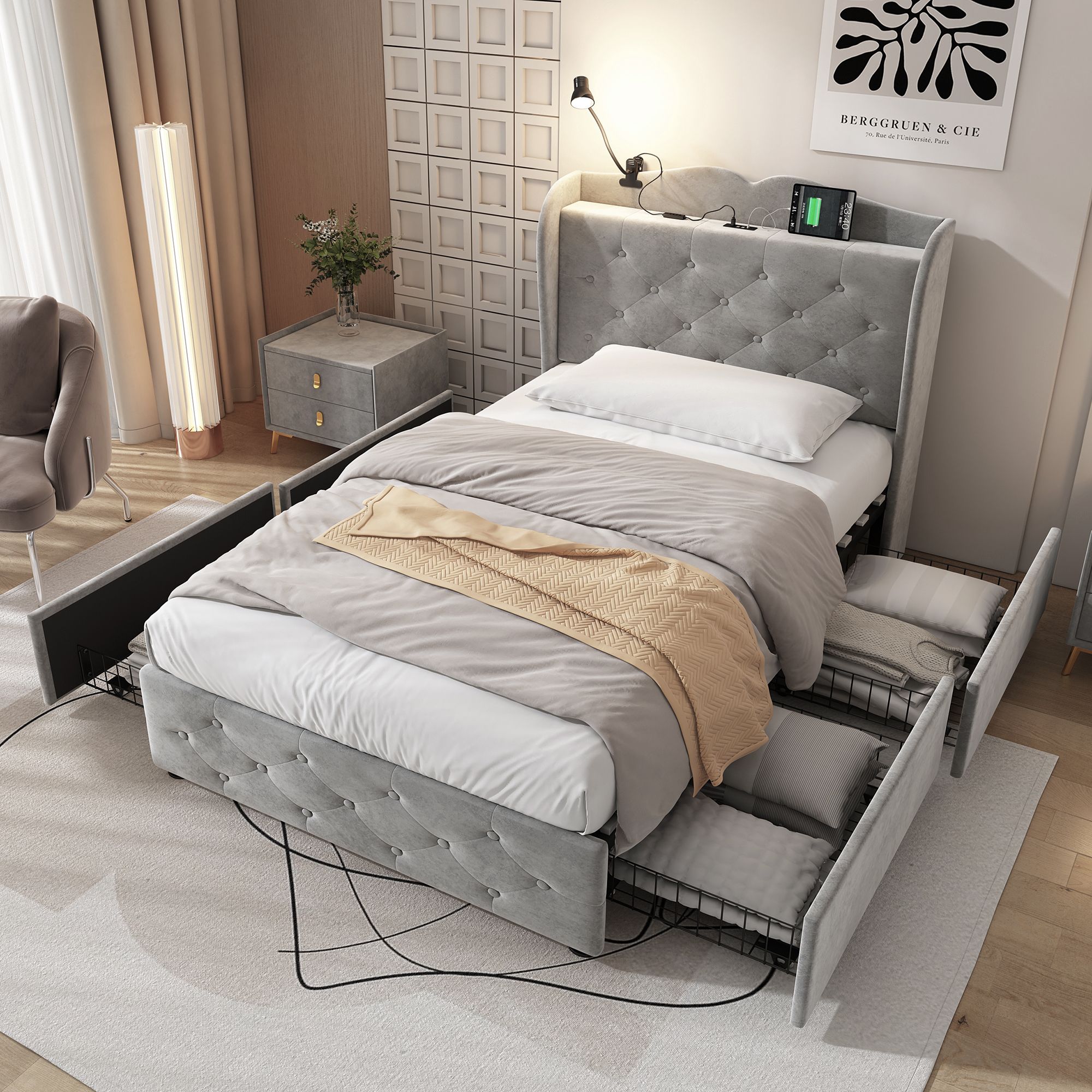 Matteo Upholstered Bed, Storage Bed, 3FT Single Bed With 4 Drawers & Lamp in Grey