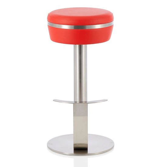 Heston Bar Stool In Red Faux Leather With Stainless Steel Base