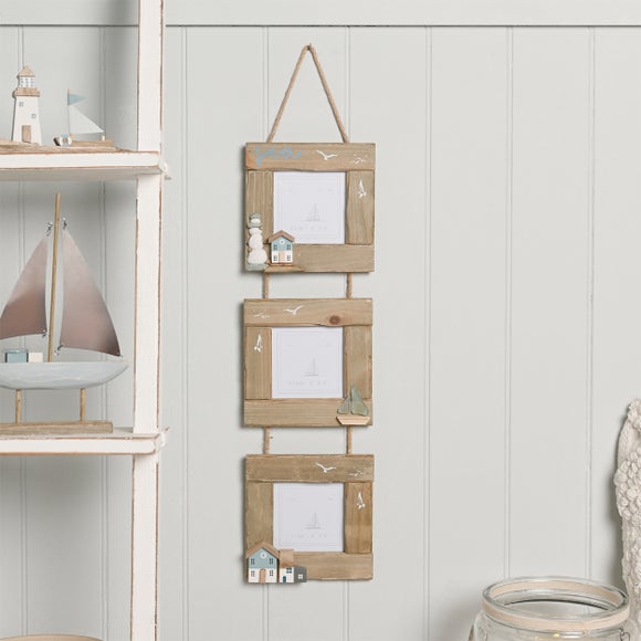 Love Life By The Sea Driftwood & Sea Glass Hanging Triple Multi Photo Frame