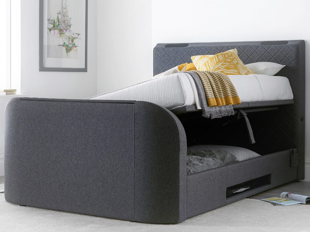 Paris Grey Fabric Ottoman Electric Media TV Bed - 4ft6 Double