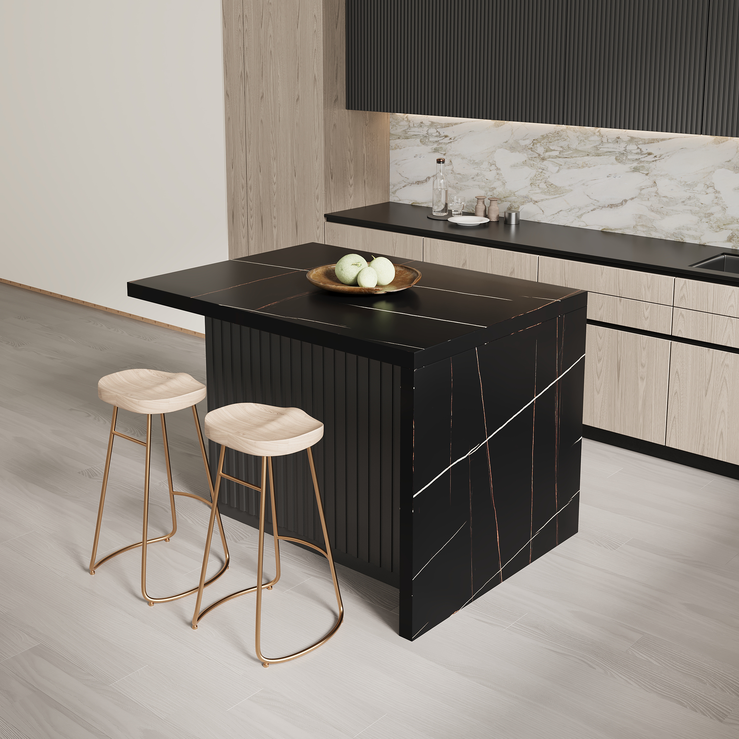 127 cm Large Black Kitchen Island with Storage Kitchen Cabinet Marble Veneered Top