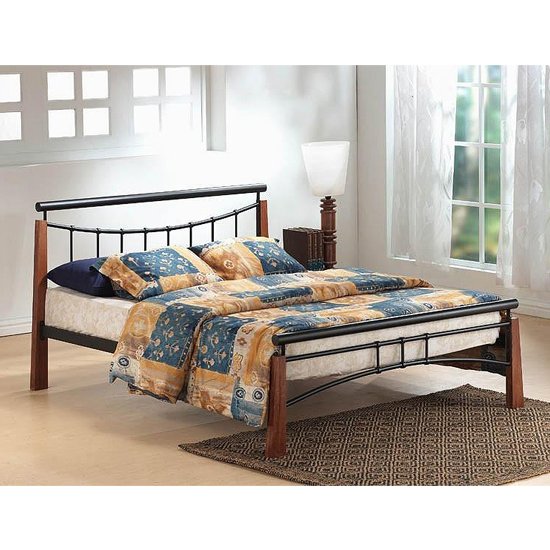 Franklin Metal Single Bed In Black With Dark Oak Wooden Legs