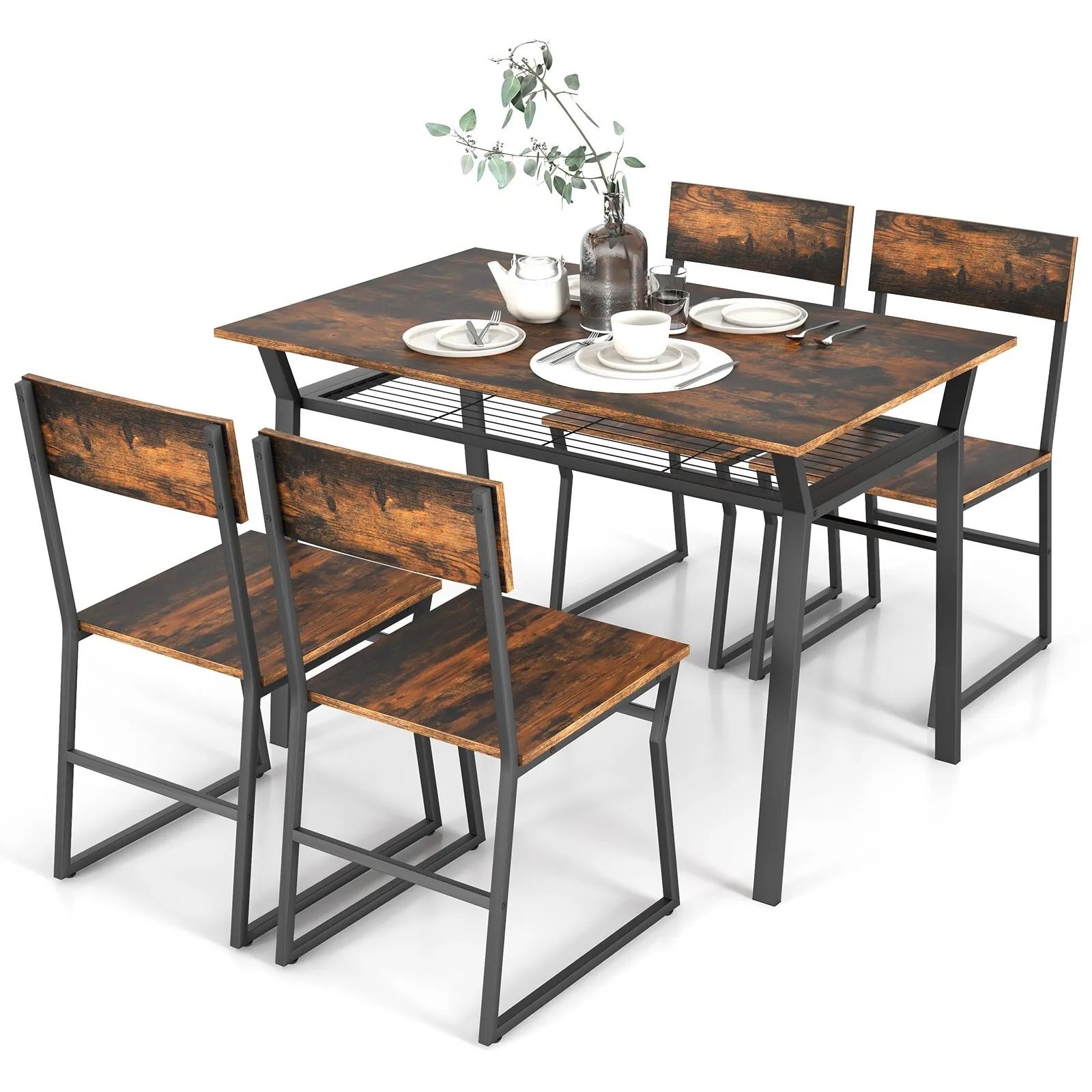 Costway 5PCS Dining Table Set Industrial Rectangular Kitchen Table W/4 Chairs in Brown