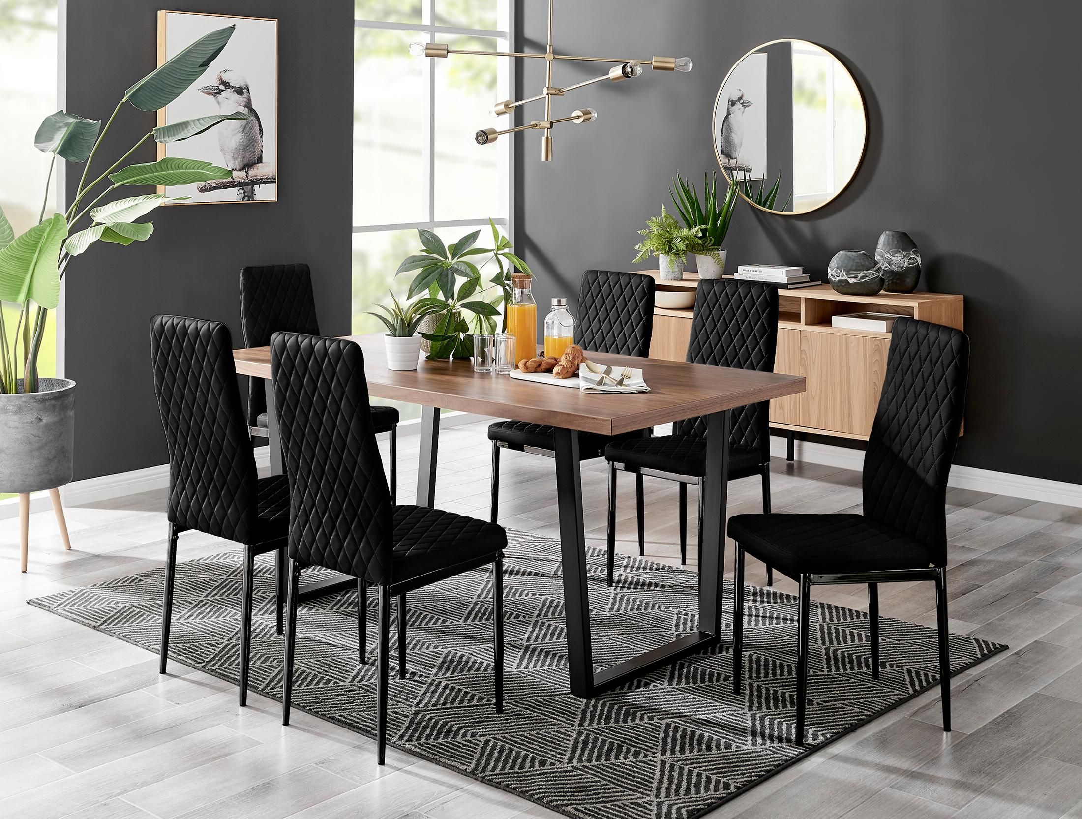 FurnitureboxUK Kylo Large Brown Wood Effect Dining Table & 6 Velvet Milan Black Leg Chairs