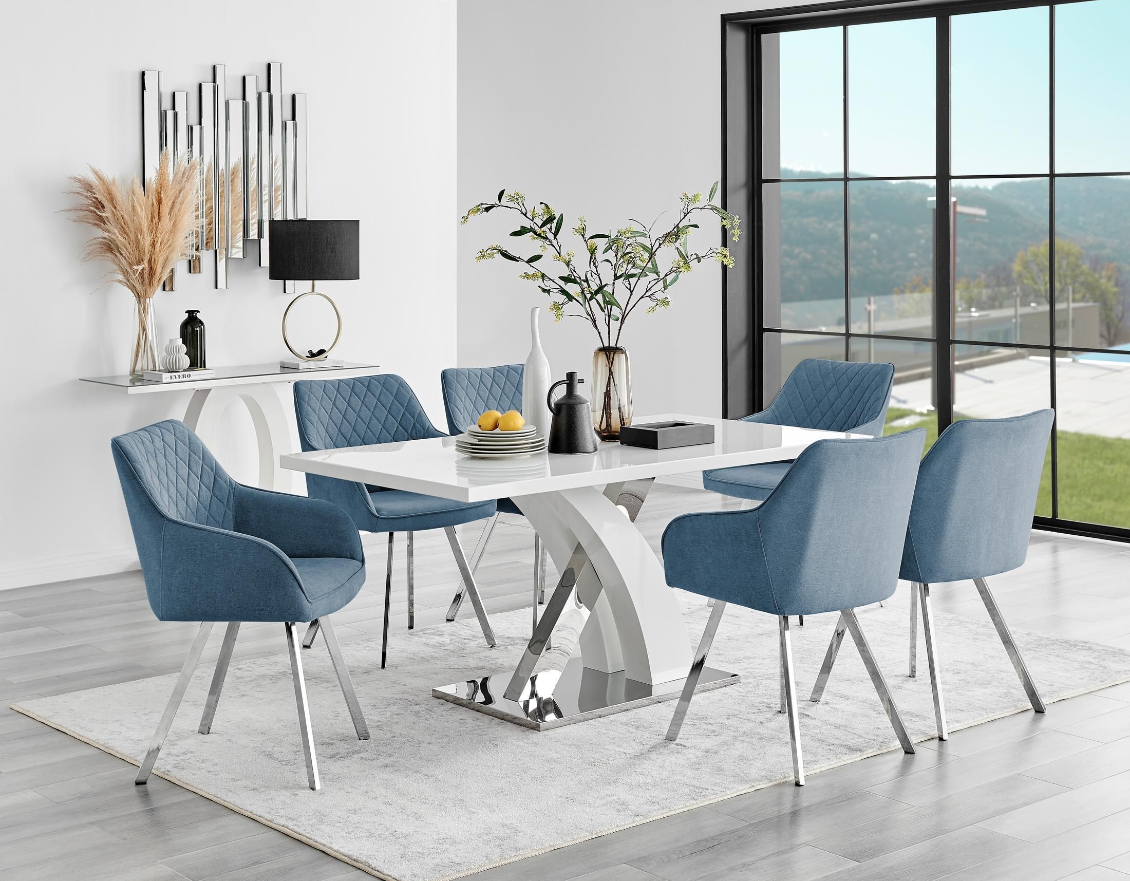 FurnitureboxUK Atlanta 6 White Dining Table & 6 Falun Silver Leg Chairs in Blue