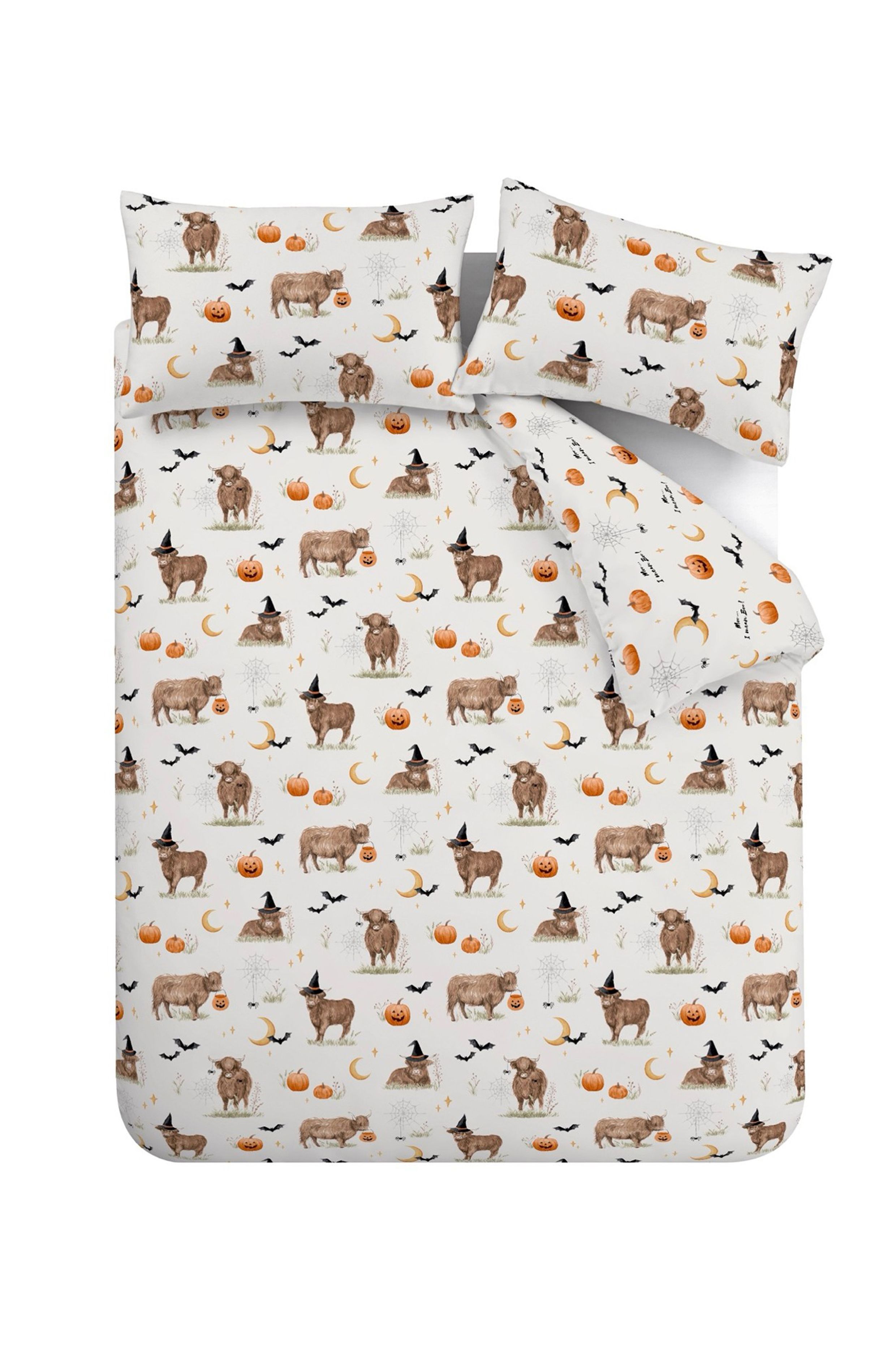 Catherine Lansfield 'Halloween Highland Cow' Reversible Duvet Cover Set in Natural 5