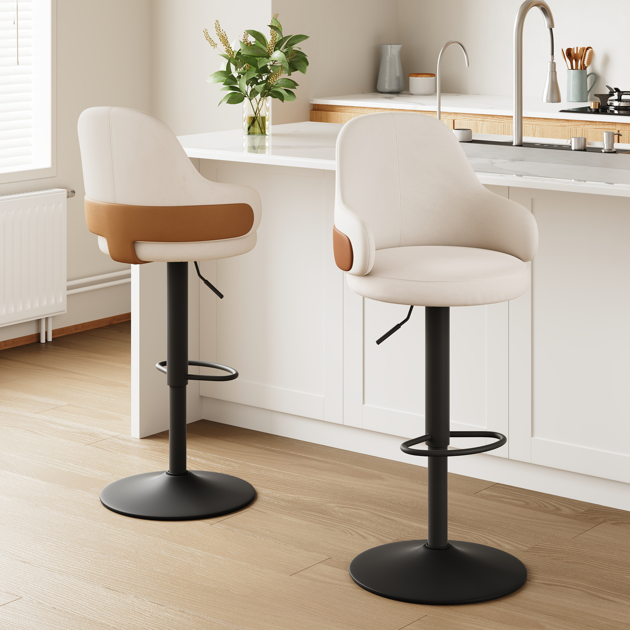Set of 2 Swivel Bar Stool for Kitchen Island Curved Wing Back White Velvet Adjustable Height