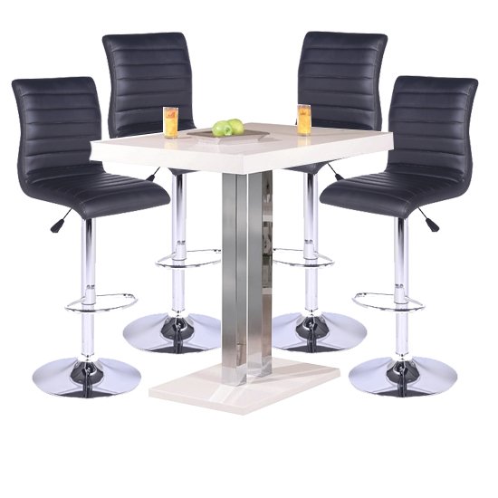Palzo Bar Table In White High Gloss With 4 Ripple Black Stools