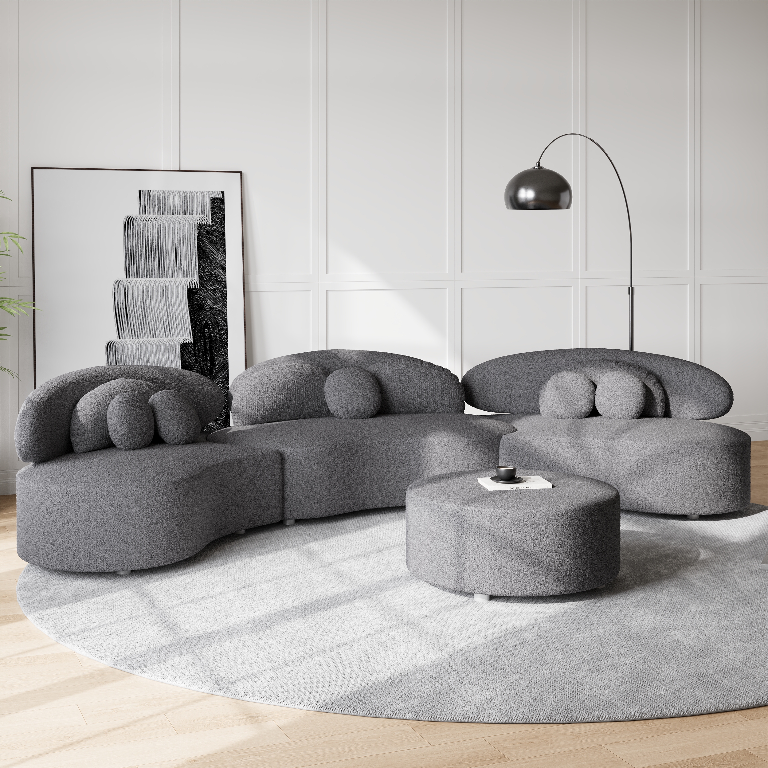Modern 7 Seat Sectional Sofa Curved  Modular Boucle Upholstered with Ottoman