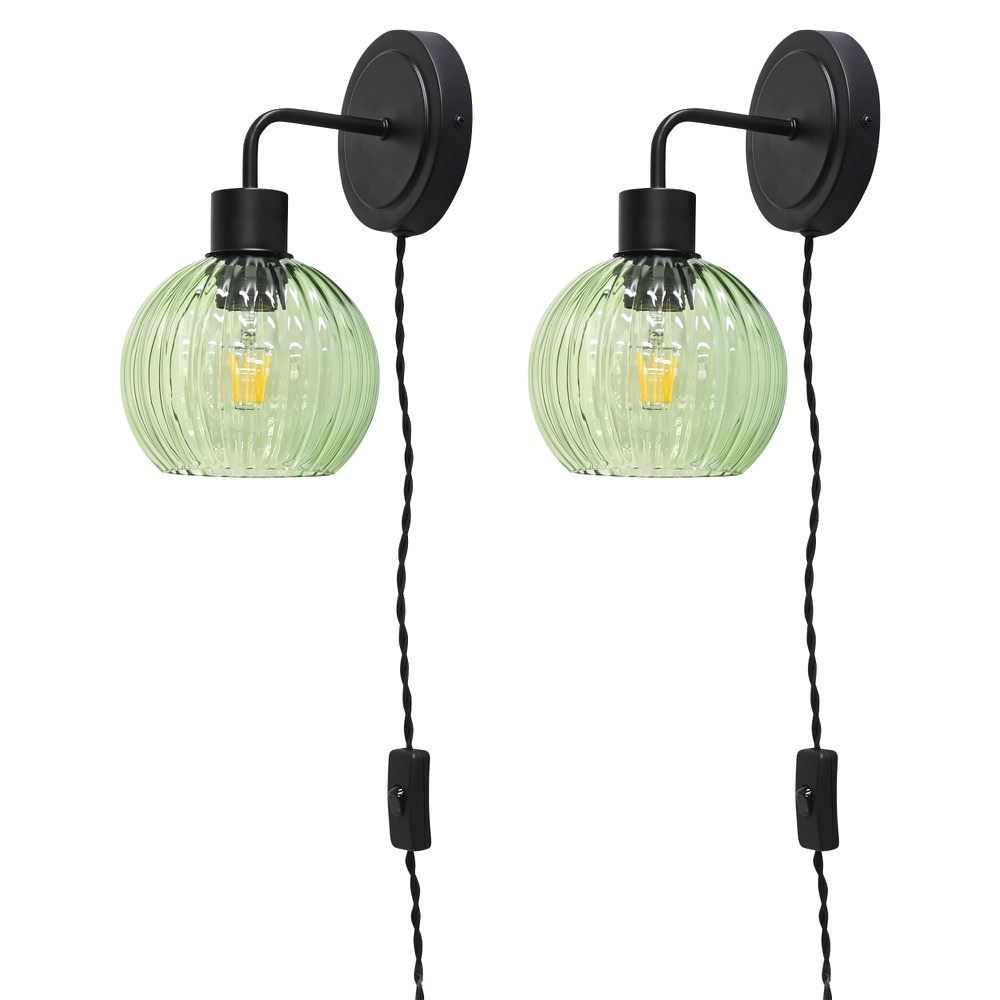 First Choice Lighting Set of 2 Toby - Black Plug in Wall Lights Green Ribbed Shades