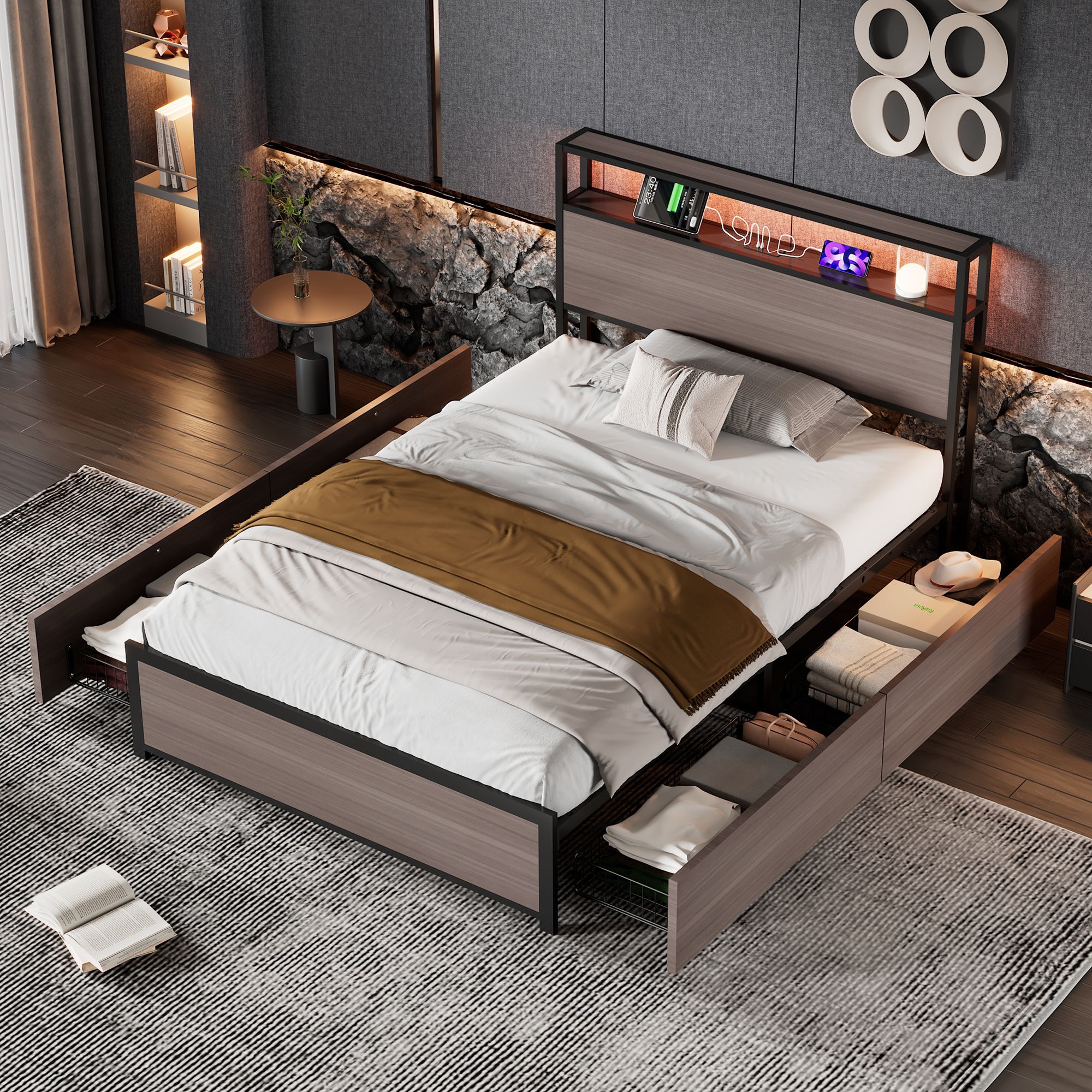 Matteo Metal Bed, 3FT Single Bed With LED Light Strip & 4 Drawerss in Black