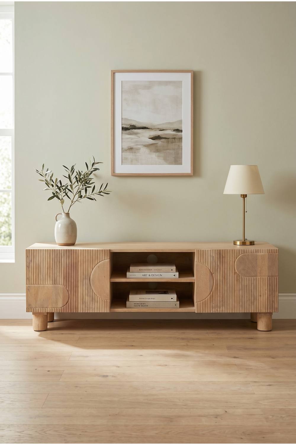 IH Design Yealmpton Fluted Mango Wood TV Cabinet with Shelf in Brown