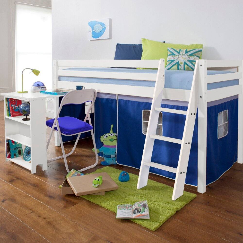 Nöa and Nani Moro Cabin Bed Midsleeper with Pullout Desk & Blue Tent in White