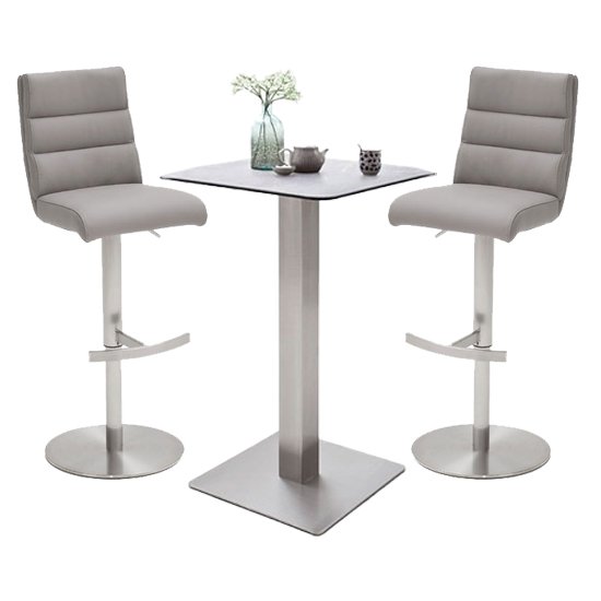 Soho Glass Bar Table With 2 Hiulia Ice Grey Leather Stools