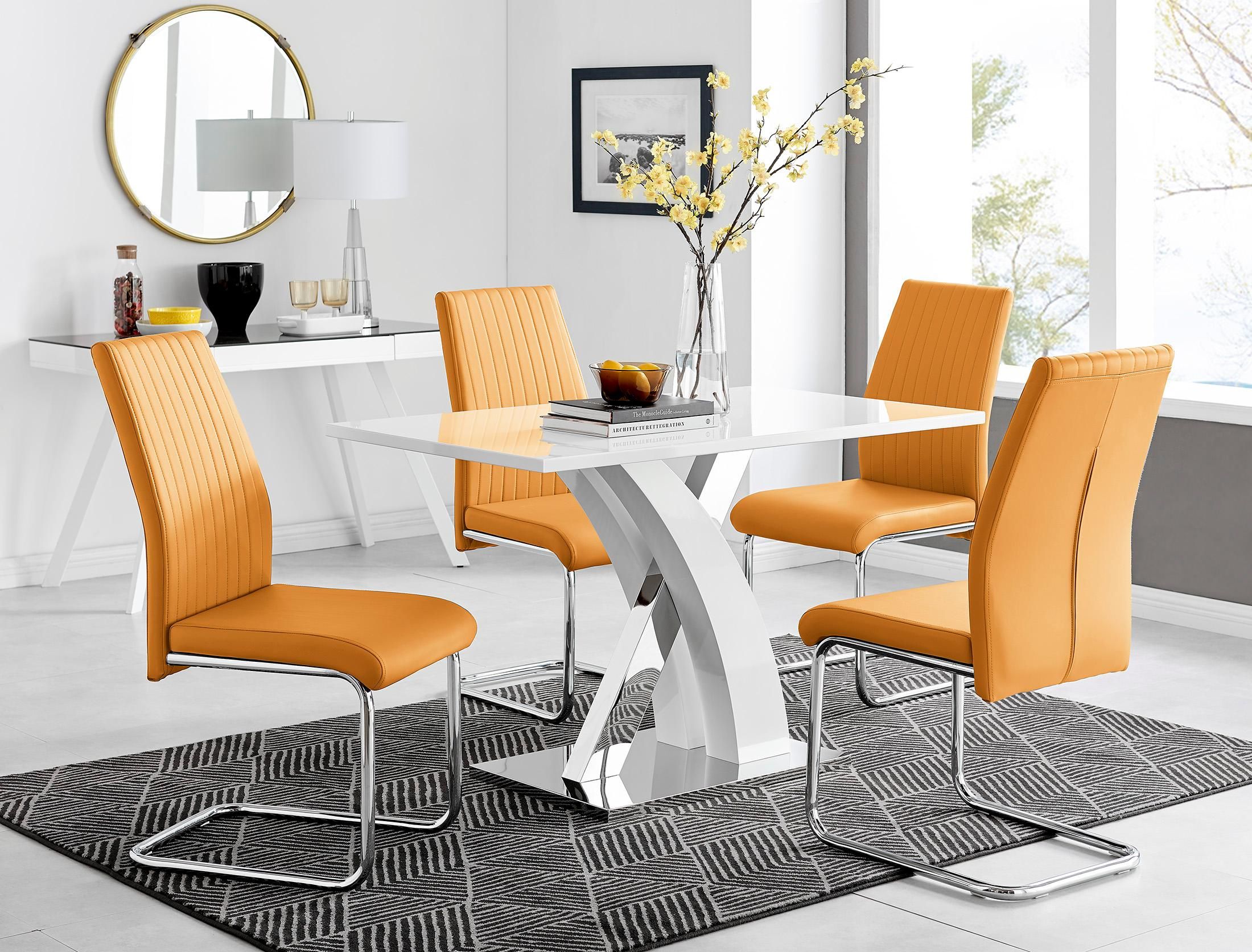 FurnitureboxUK Atlanta White High Gloss & Chrome 4 Seater Dining Table with X Shaped Legs & 4 Faux Leather Lorenzo Chairs in Mustard