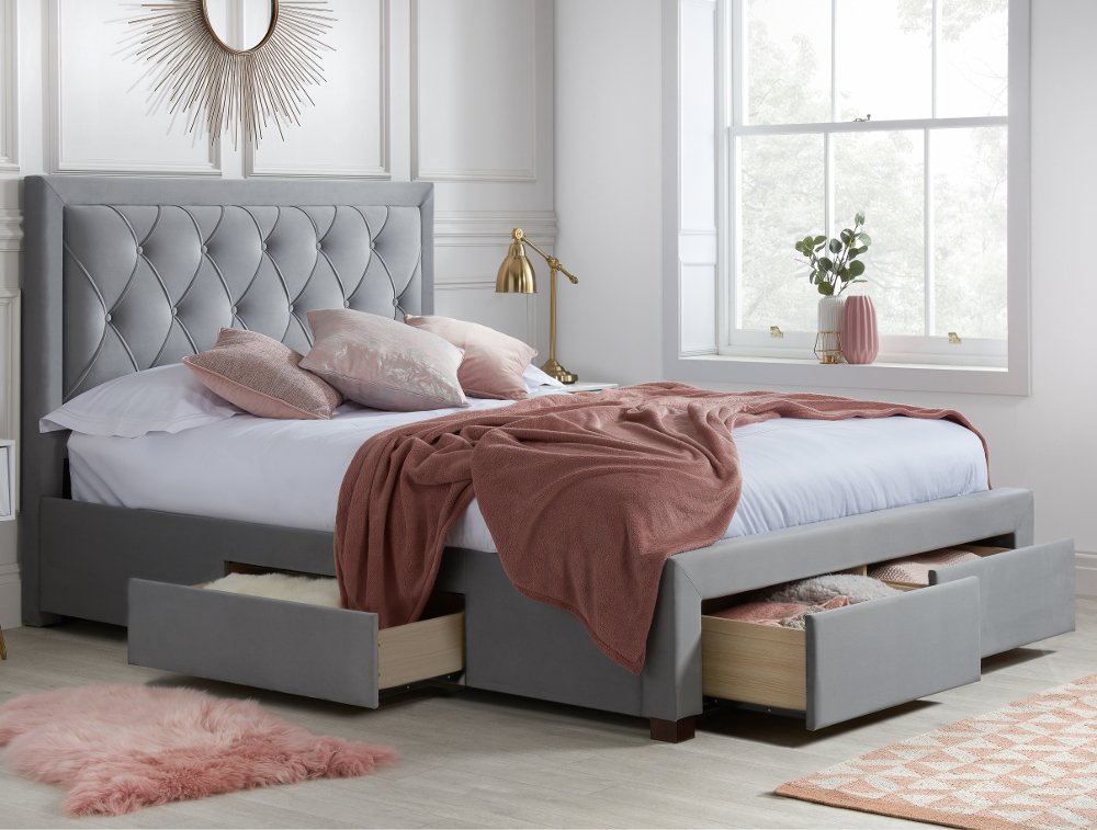 Woodbury Grey Velvet Fabric 4 Drawer Storage Bed Frame - 5ft King Size