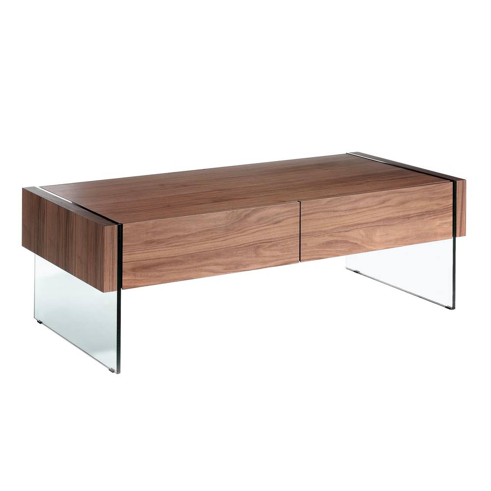 Angel Cerda Walnut Veneer Rectangular Coffee Table with Tempered in Brown