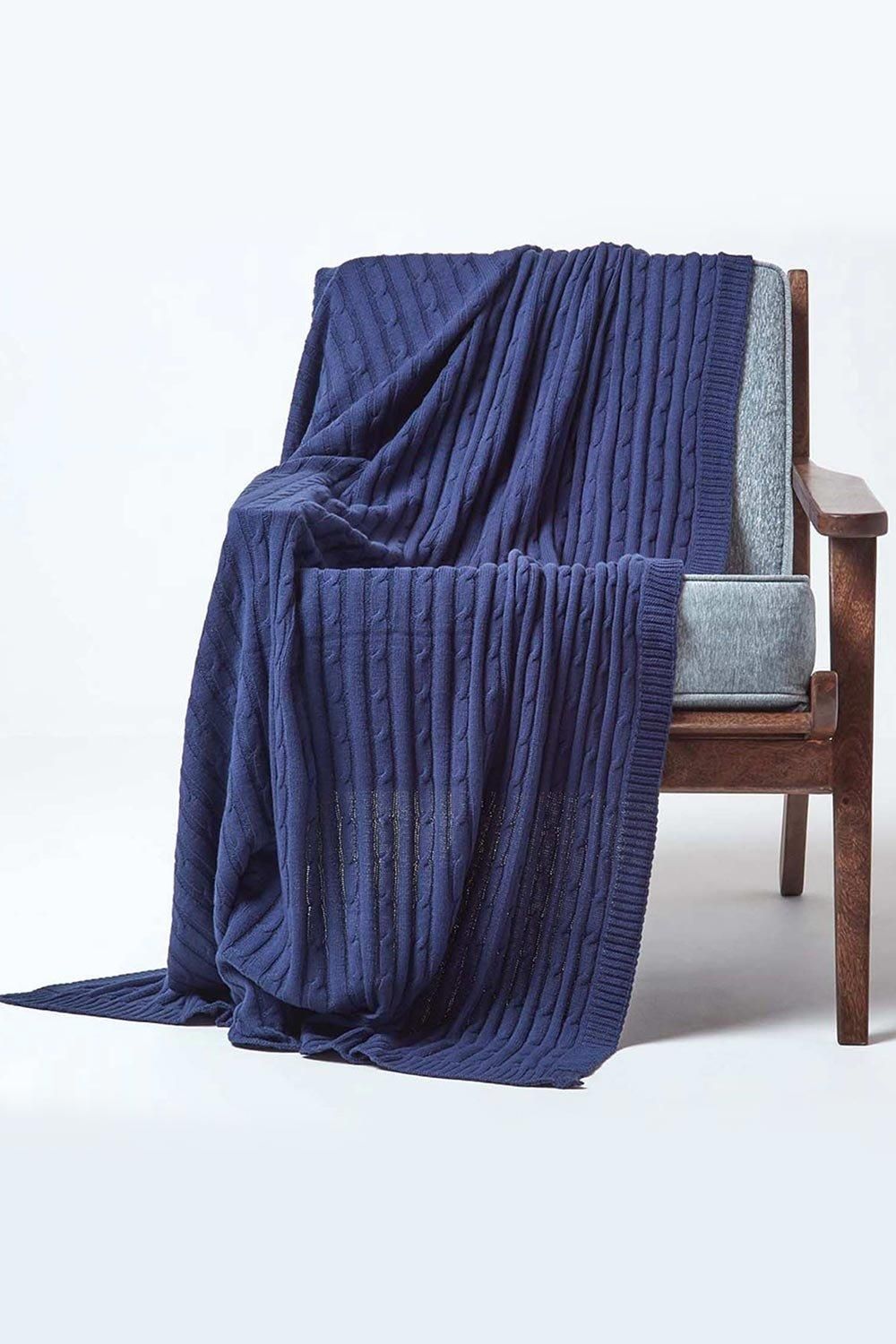 Homescapes Cotton Cable Knit Throw Soft & Cosy Vintage Blanket in Navy