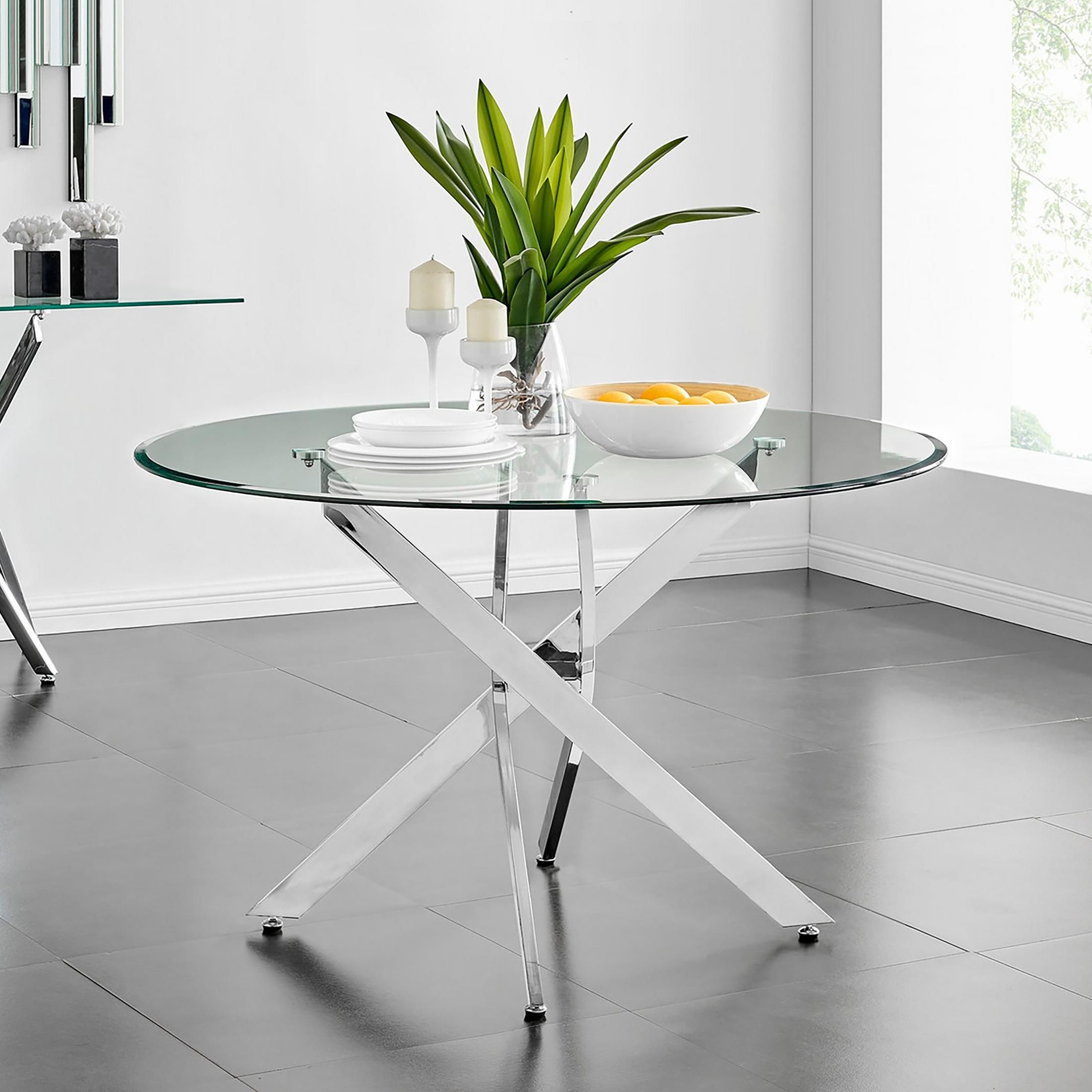 FurnitureboxUK Novara 120cm Round 6-Seater Glass & Metal Starburst Dining Table in Silver