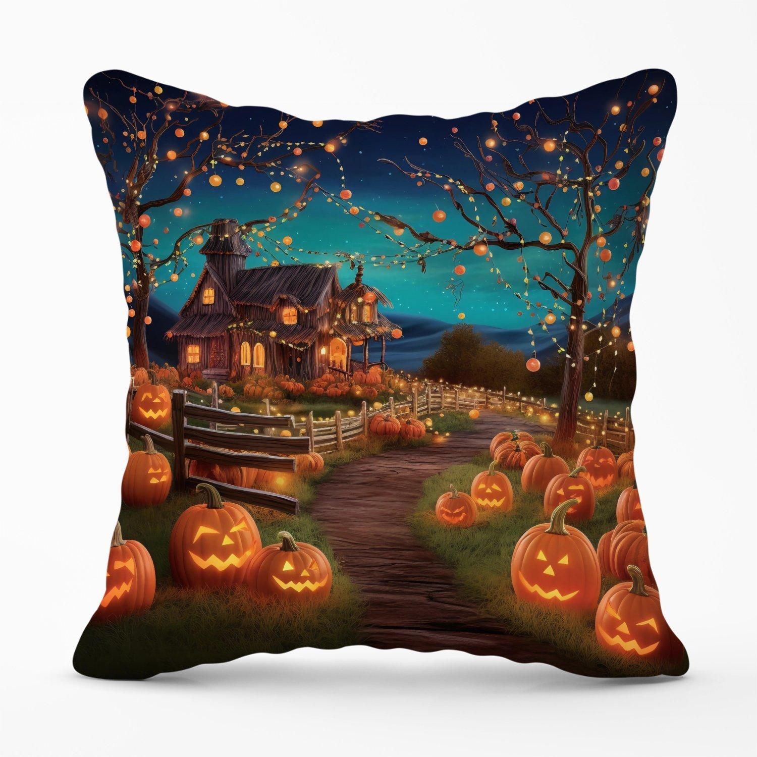 Warren Reed - Designer Enchanted Hallowen Pumpkin Patch Outdoor Cushion in Orange
