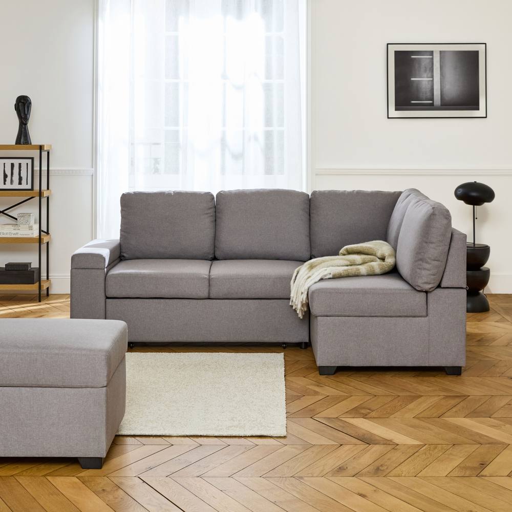 sweeek 3-seater Corner Sofa Bed With Footstool in Light Grey