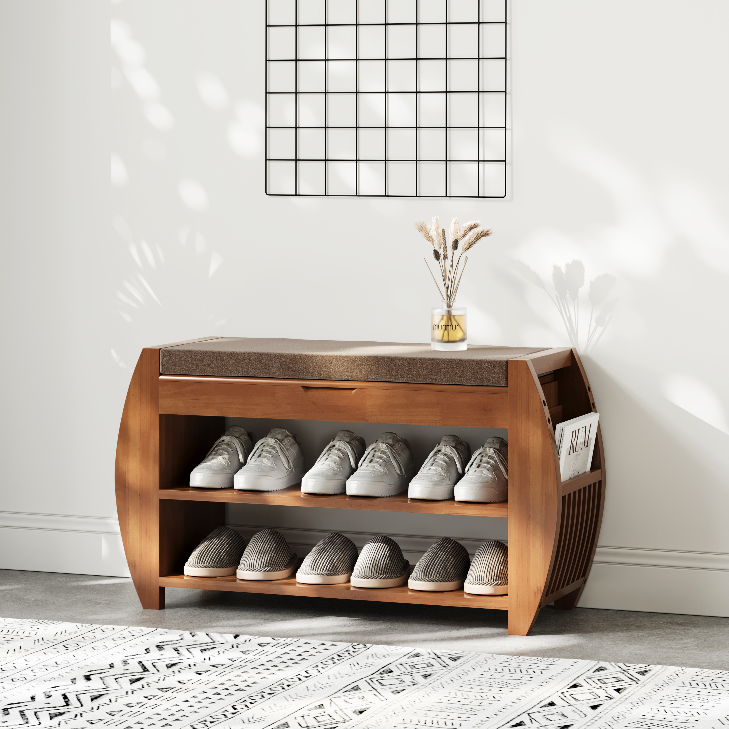 Shoe Storage Entryway Bench Wooden Shoe Rack in Brown
