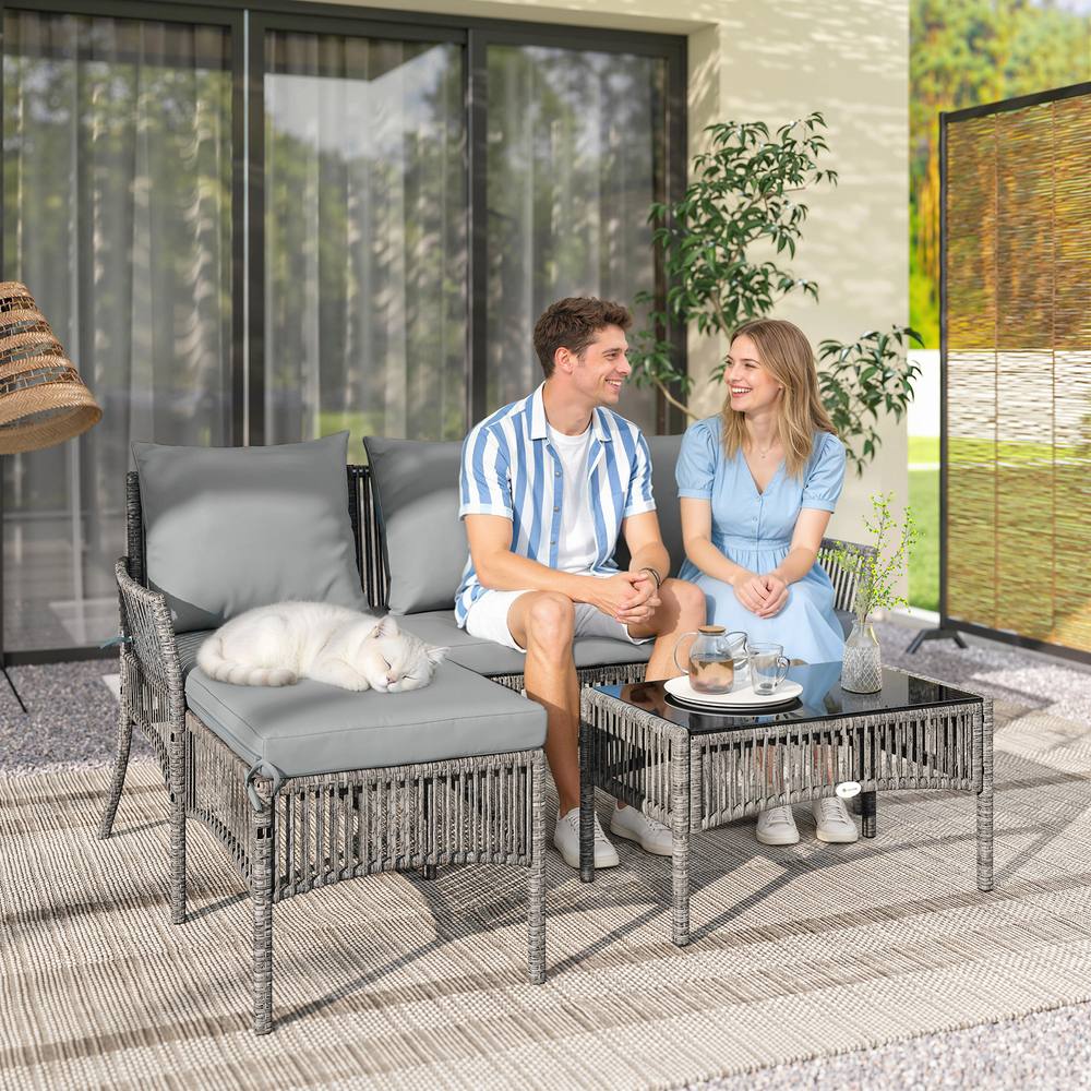 OUTSUNNY 3 Piece Rattan Garden Furniture Set with Cushions, Dark Grey