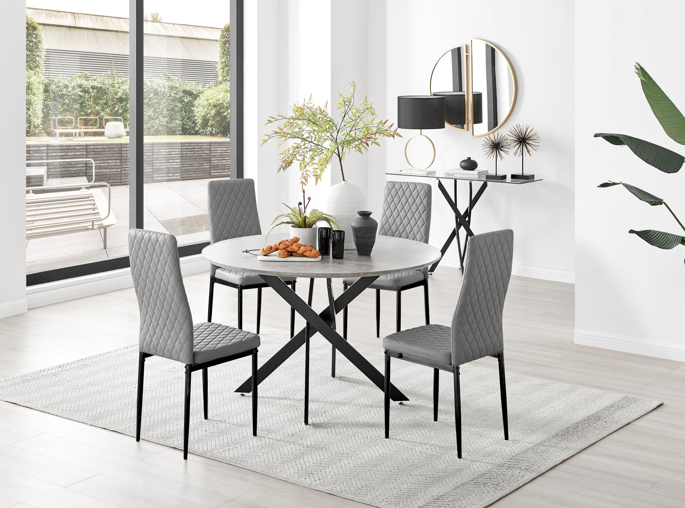 FurnitureboxUK Novara Grey Concrete Effect Black Leg 120cm Round Dining Table & 4 Milan Black Leg Chairs