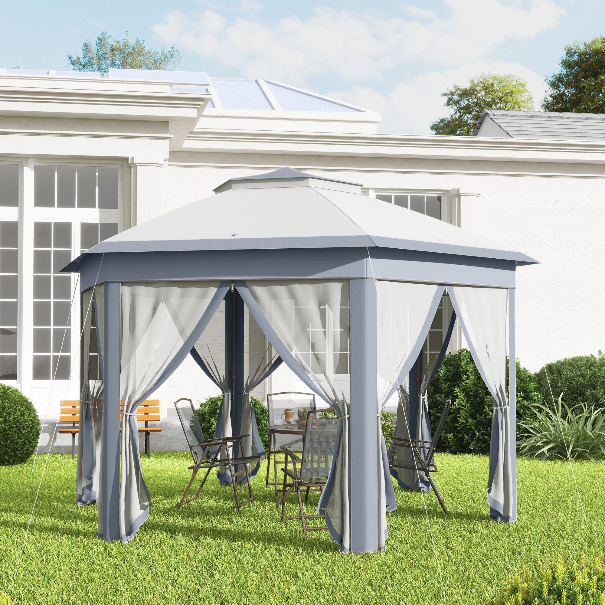 OUTSUNNY 3x4m Hexagon Gazebo w/ Metal Frame Mesh Curtains Outdoor Garden in Grey