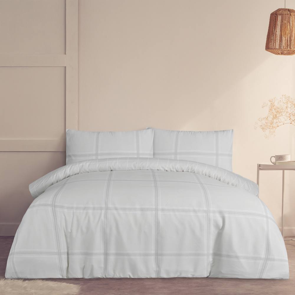 Smart Living Printed Reversible Linear Check Duvet Cover With Pillowcases in Natural