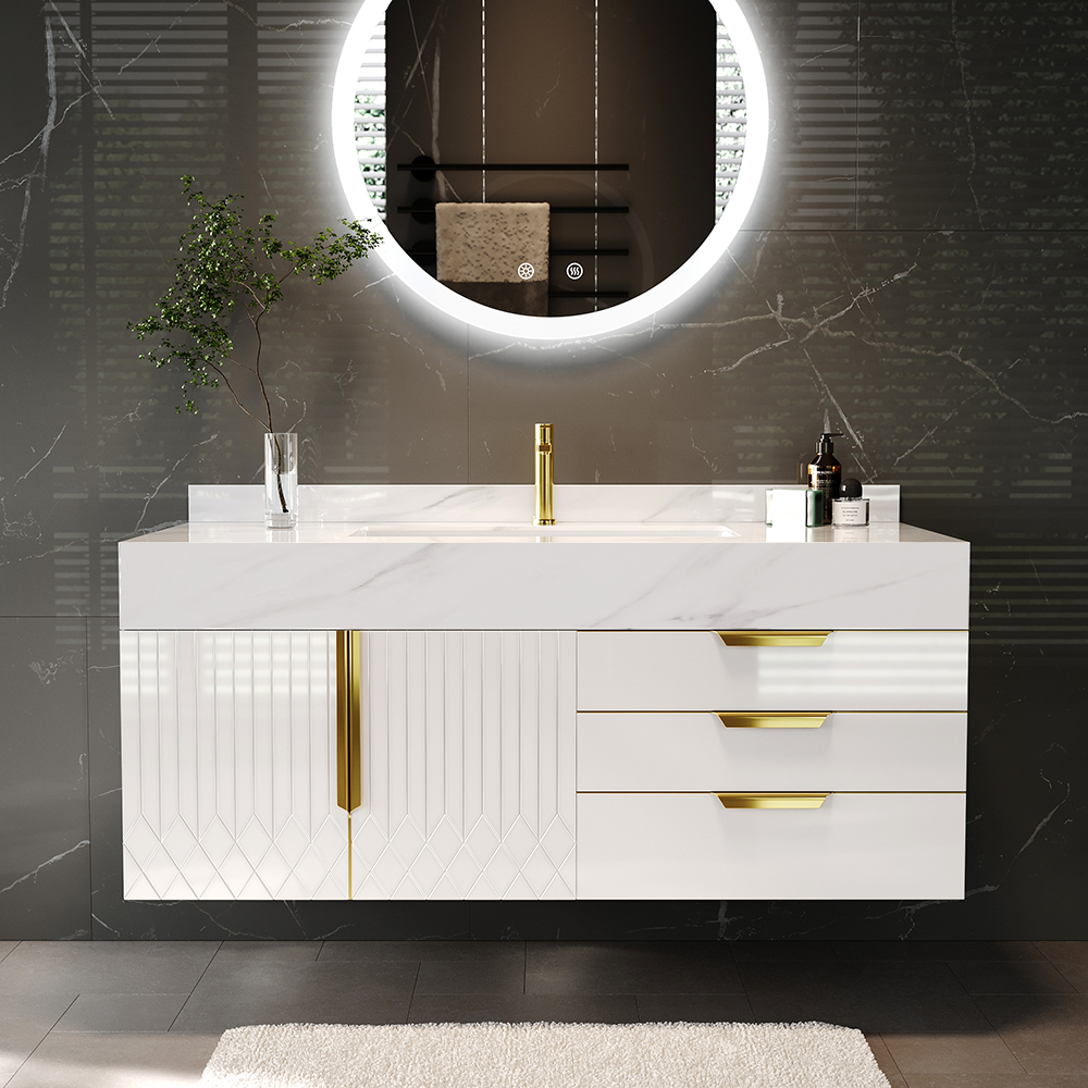 Aro 90 cm White Wall Mounted Bathroom Vanity Drawers Faux Marble Top