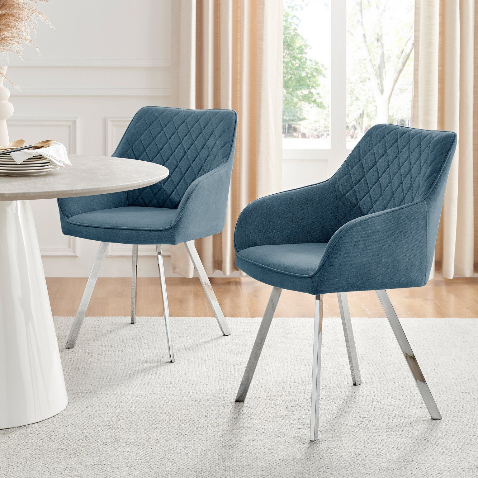 FurnitureboxUK Set of 2 Falun Deep Padded Dining Chairs Upholstered in Soft & Durable Fabric With Silver Chrome Legs in Blue