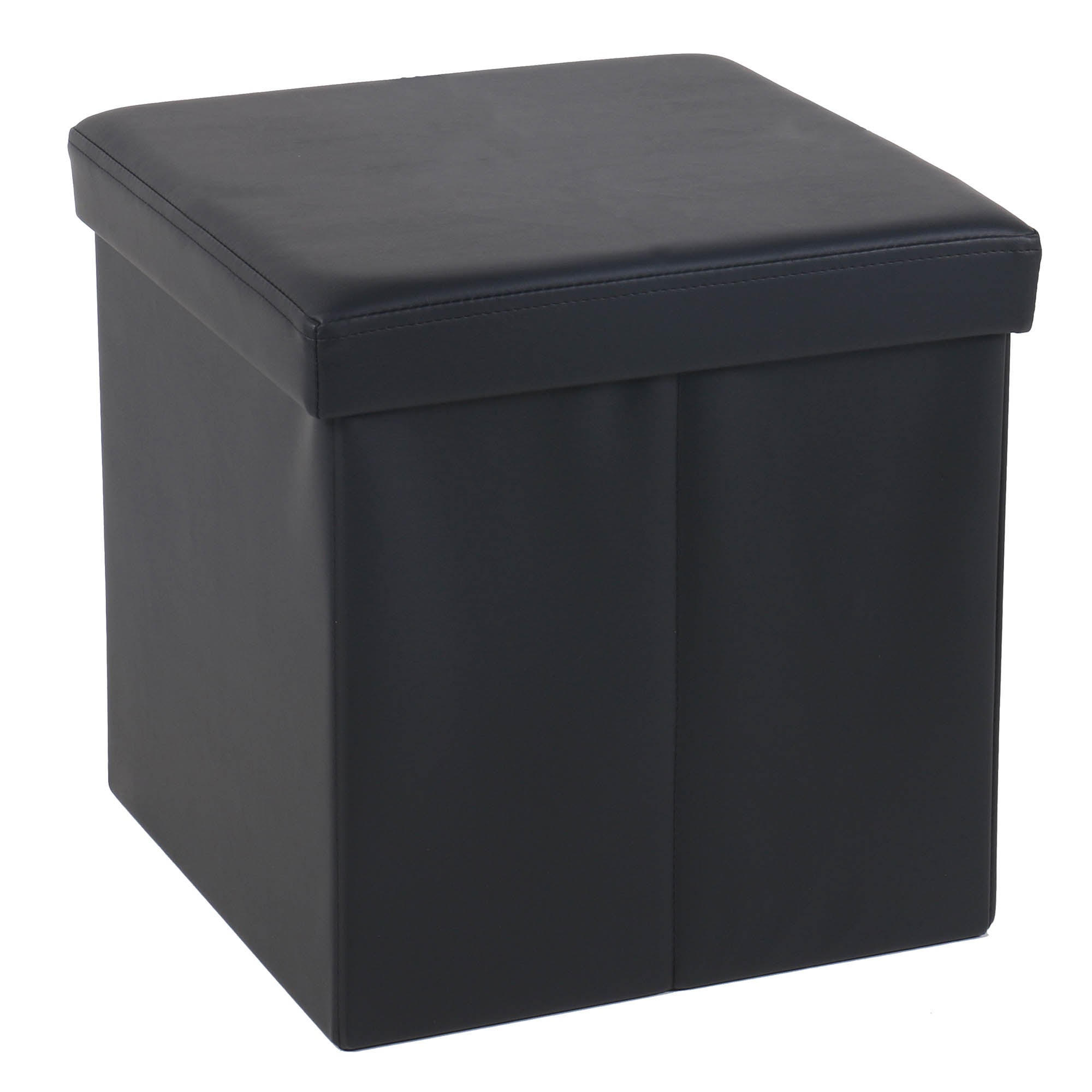 Foldable Black Leather Look Cube Ottoman Black