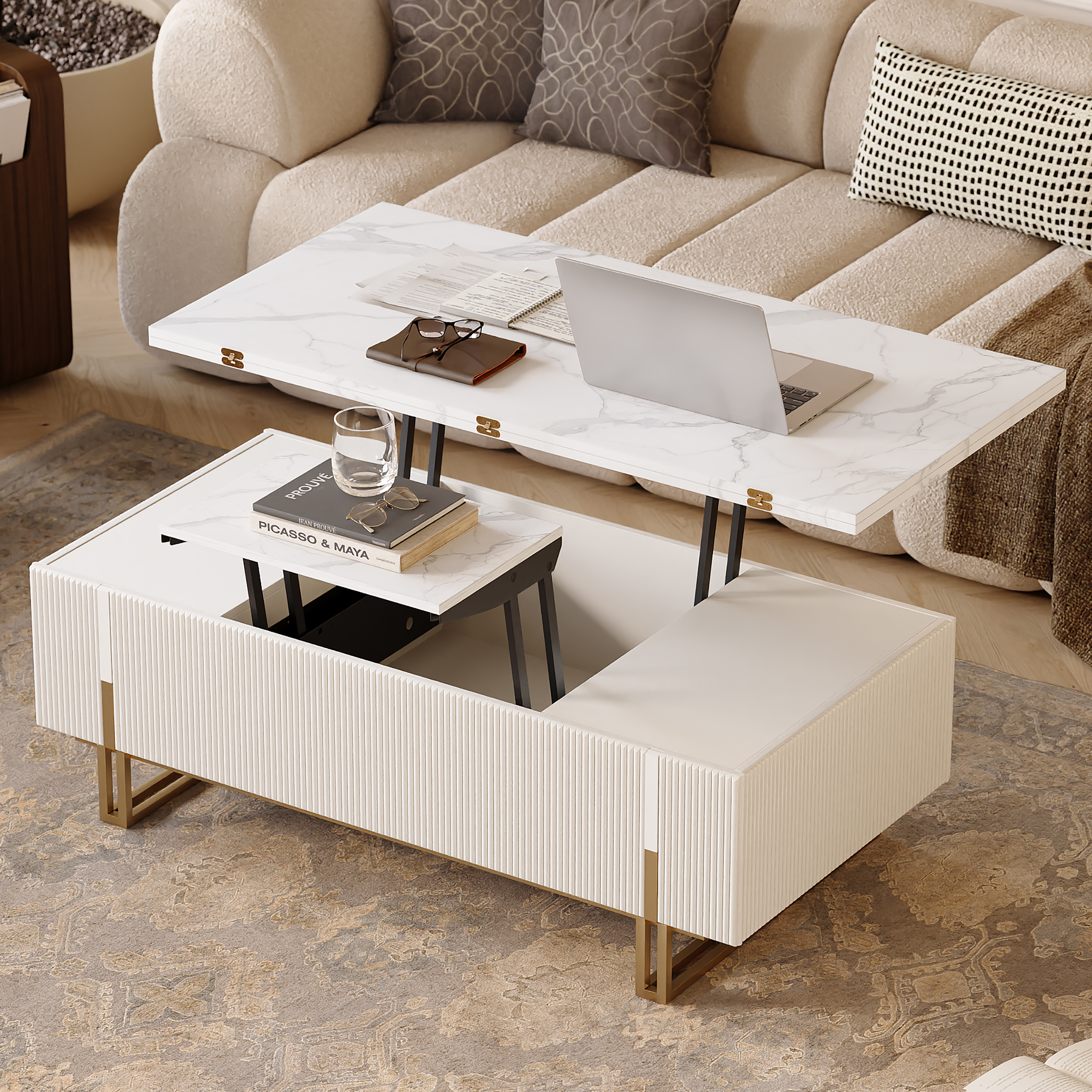 Grovyn Fluted Lift-Top Coffee Table with 2 Drawers-120 cm
