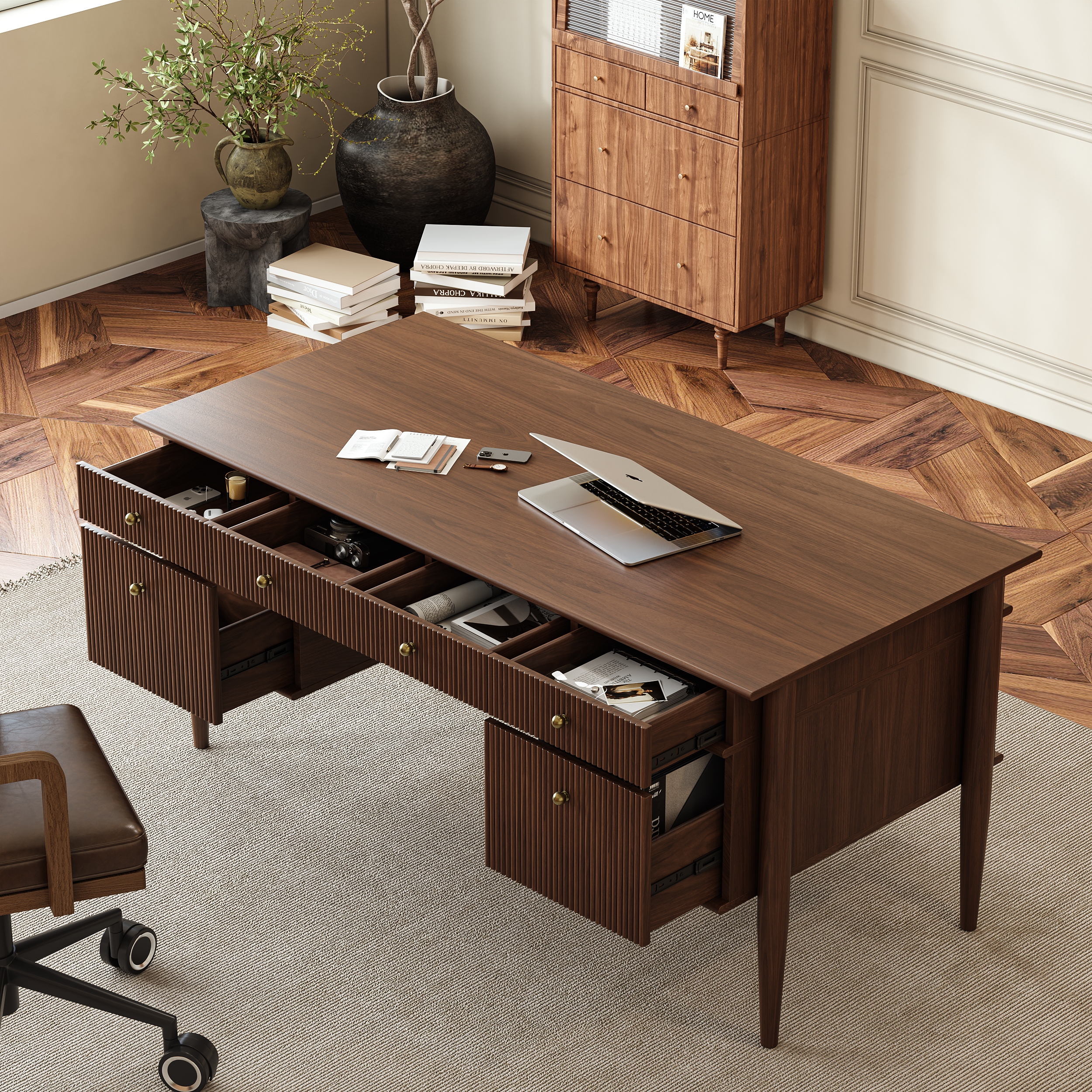 Mid-Century Solid Wood Home Office Desk with 6 Drawers Walnut Executive Writing Desk (160 cm)